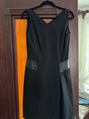 Lauren Ralph Lauren Black Sleeveless V-Neck Midi Dress with Faux Leather Panels